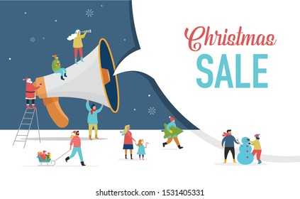 Christmas announcement, Merry christmas, Happy new year background, sale banner with scene of miniature people