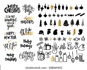 Christmas ans New Year design set. Holiday decoration elements: noel, balls, snowflakes, gifts. Hand written lettering. For cards, posters, banners, tags. 