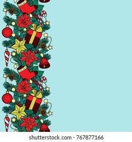 Christmas ans New Year seamless vertical border. Winter square colorful wallpaper for greeting cards, mock ups, covers, coloring pages and textile prints with text place.