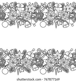 Christmas ans New Year seamless horizon double border. Winter square black and white wallpaper for greeting cards, mock ups, covers, coloring pages and textile prints with text place.