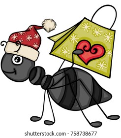 Christmas ant carrying a gift bag
