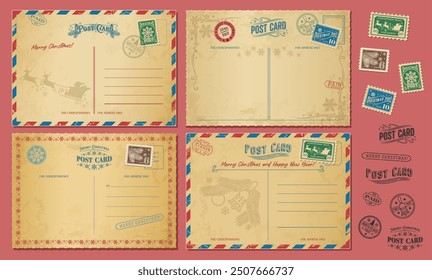 Christmas antique postcards, retro postage stamps and vintage mail. Vector greeting cards set with holiday pine tree branches, sled, snowflakes, bells. Santa Claus post with wishes for happy New Year