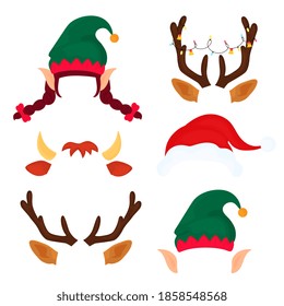 Christmas Antlers With Light Garland, Elf Hat And Ears, Bull Horns. Funny Masks