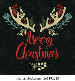 Christmas antlers postcard cover design. Calligraphy and forest herbs