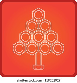 Christmas app icon with Christmas tree made of screws and bolt, vector. Sketch drawing on orange background.