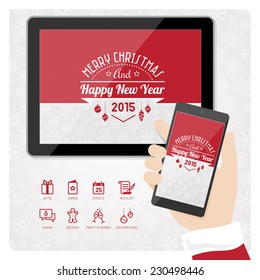 Christmas app on tablet and smartphone, icons set and snowflakes background.