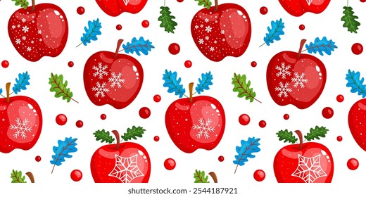 Natal maçã padrão sem emenda, desenho animado doce fruta vermelha com folhas fundo, decoração de férias Ano Novo com floco de neve e estrela. Xmas bonito brinquedo criança impressão. Ilustração vetorial de inverno