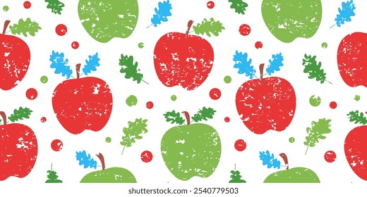 Navidades de manzana sin patrón, fruta dulce con la hoja de muérdago de lápiz de fondo grunge, color de vacaciones decoración de carbón Año Nuevo. Lindo estampado de tiza infantil de Navidad. Ilustración vectorial de invierno de dibujos animados