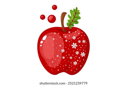 Navidades icono de Vector de manzana, fruta roja dulce de dibujos animados con hoja, decoración de vacaciones Año Nuevo con copo de nieve. Comida linda de Navidad aislada sobre fondo blanco. Ilustración de invierno