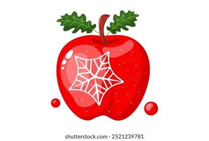 ícone vetor de maçã de Natal, desenho animado doce fruta vermelha com folha, decoração de férias Ano Novo com floco de neve. Cute Xmas comida isolada no fundo branco. Ilustração de inverno