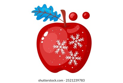 ícone vetor de maçã de Natal, desenho animado doce fruta vermelha com folha, decoração de férias Ano Novo com floco de neve. Cute Xmas comida isolada no fundo branco. Ilustração de inverno