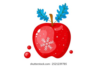 ícone vetor de maçã de Natal, desenho animado doce fruta vermelha com folha, decoração de férias Ano Novo com floco de neve. Cute Xmas comida isolada no fundo branco. Ilustração de inverno