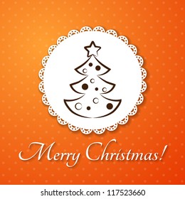 Christmas applique card / background. Badge with fir-tree on orange background