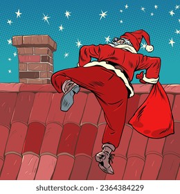 Christmas The approach of the new year, a little bit literally. The roof of the house and its guest. Santa Claus climbs into the chimney with gifts. Pop Art Retro Vector Illustration Kitsch Vintage