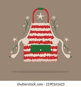 Christmas apron. Сooking kitchen chef cartoon cozy apron with ties drawstring and print logo. Home cooking. Homemade meals. Kitchenware. Cook in kitchen. Color flat vector isolated illustration.
