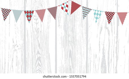 Christmas Aqua Blue and Red Bunting on Weathered White Wood Planks Vector Background. Triangle Flags Garland Backdrop with Copy Space. 