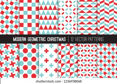 Christmas Aqua Blue, Red and White Modern Geometric Vector Patterns. Bold Prints for Xmas Wrapping Paper or Card-making. Holiday Backgrounds. Repeating Pattern Tile Swatches Included. 