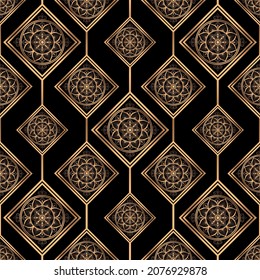 Patrón real arabesco de Navidad sin fisuras vectores. Un marco de lujo dorado. Diseño de baldosas vintage para papel de envoltura de regalo de año nuevo, spa de belleza, boda india, papel tapiz de yoga, empaque, fondo.