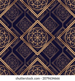 Christmas arabesque royal pattern seamless vector. Golden luxury background. Xmas tile design for new year gift wrapping paper, beauty spa, indian wedding, yoga wallpaper, packaging, backdrop.