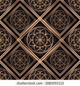 Patrón real arabesco de Navidad sin fisuras vectores. Un marco de lujo dorado. Diseño de azulejos geométricos para papel de envoltura de regalo de año nuevo, spa de belleza, boda india, papel tapiz de yoga, empaque, fondo.
