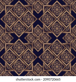 Patrón real arabesco de Navidad sin fisuras vectores. Un marco de lujo dorado. Diseño de baldosas árabes para papel de envoltura de regalo de año nuevo, spa de belleza, boda india, papel tapiz de yoga, empaque, fondo.
