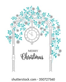 Christmas arch with roses and leaves isolated over white. Merry Christmas greeting card. Vector illustration. 