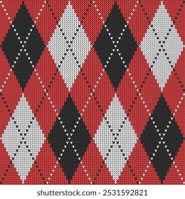 Navidades Diamantes de Argyle Patrón de Vector negro rojo a cuadros. Suéter jacquard clásico texturizado en Navidades rojas y negras.