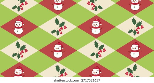 Christmas argyle pattern with cute snowmen and holly berries in red, green, and cream tones. Perfect for holiday textiles, wrapping paper, backgrounds, and seasonal decor.