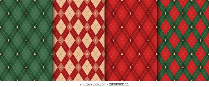 Christmas argyle seamless pattern set with green and red diamond checks featuring small tree icons and dashed lines for holiday gift wrapping and textile design background.