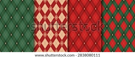 Christmas argyle seamless pattern set with green and red diamond checks featuring small tree icons and dashed lines for holiday gift wrapping and textile design background.