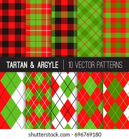 Christmas Argyle, Tartan and Buffalo Check Plaid Vector Patterns. Traditional Red, Black, Green and White Winter Holiday Backgrounds. Vector Pattern Tile Swatches Included.