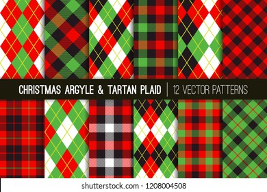 Christmas Argyle And Tartan Plaid Seamless Vector Patterns. Traditional Red, Green, Black,and White Winter Holiday Backgrounds. Vector Pattern Tile Swatches Included.