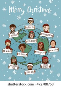Christmas around the world - hand drawn doodle faces with signs in different languages