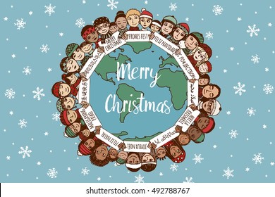 Christmas around the world - hand drawn doodle families with signs in different languages