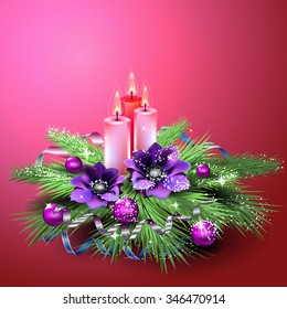 Christmas arrangement of candles, Christmas decorations, fir branches, serpentine, snow, greeting design