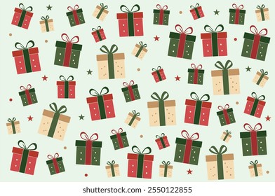 arranjo de Natal de caixas de presente coloridas formando um padrão alegre. Plano de fundo do vetor de feriado de Natal