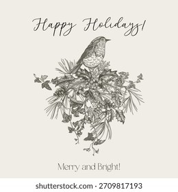 Christmas arrangement. Composition with a bird and winter plants. Vector botanical illustration with robin and evergreens. Holly, pine with cones, ivy. Black and white.