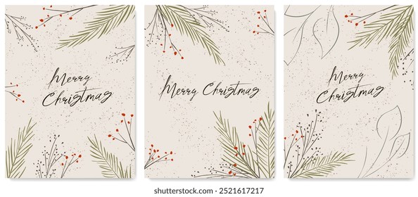 Navidades de fondo de arte con tarjetas de felicitación o cubiertas en estilo moderno dibujado a mano. Carteles de Navidad con árboles de Navidad para la cubierta, embalaje, Anuncio, invitaciones.