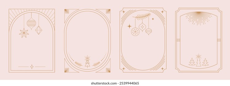 Quadros Art déco de Natal, Feliz Natal, conjunto de convites. Coleção de quadros vetoriais lineares, design de cartões. Elegante, design vetorial imprimível de luxo