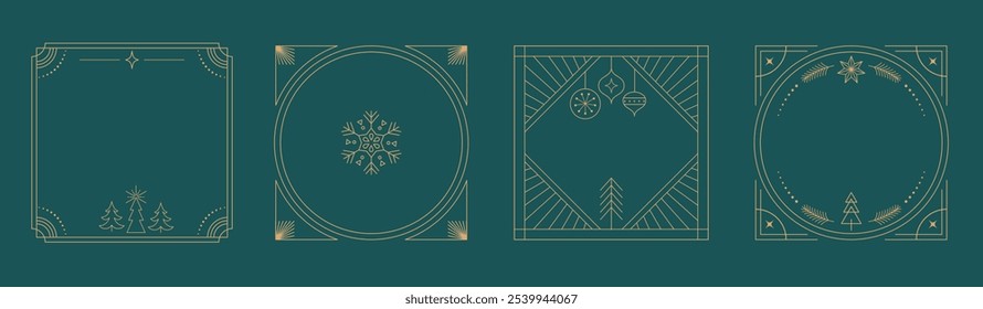 Navidades Marcos art deco, Navidades alegres, conjunto de invitaciones. Colección de marcos de Vector lineales, diseño de tarjetas. Diseño de Vector imprimible elegante y lujoso