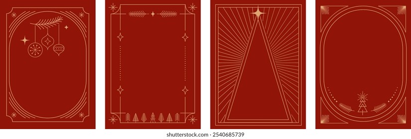 Navidades Marcos art deco, Navidades alegres, conjunto de invitaciones. Colección de marcos de Vector lineales, diseño de tarjetas. Diseño de Vector imprimible elegante y lujoso