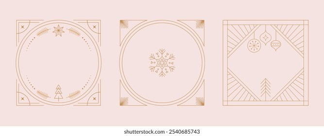 Christmas Art deco frames, Merry Christmas, invitations set. Collection of linear vector frames, cards design. Elegant, luxury printable vector design