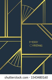 Christmas art deco vector card template. Gold geometry lines. Suitable for party invitation or postcards. Eps10 illustration.