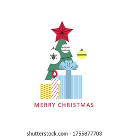 Christmas art with fir tree and gifts. Winter holiday icon, new year card, design element for greetings or invitations. Colorful bright Christmas poster in modern style for web sites and applications.