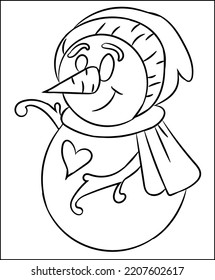 Christmas Art and Illustration coloring pages of Santa Claus, Tree, line drawn gingerbread houses, cookies, sweets and treats, snowman, New Year Gift Black and white cartoon illustration