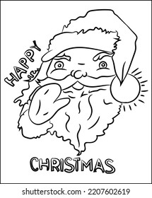 Christmas Art and Illustration coloring pages of Santa Claus, Tree, line drawn gingerbread houses, cookies, sweets and treats, snowman, New Year Gift Black and white cartoon illustration