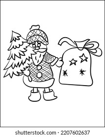 Christmas Art and Illustration coloring pages of Santa Claus, Tree, line drawn gingerbread houses, cookies, sweets and treats, snowman, New Year Gift Black and white cartoon illustration