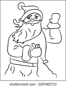 Christmas Art and Illustration coloring pages of Santa Claus, Tree, line drawn gingerbread houses, cookies, sweets and treats, snowman, New Year Gift Black and white cartoon illustration