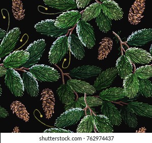 Christmas art pattern. Clothes, textile design template. Embroidery fir-tree branch with cones. Winter art. Merry Christmas classical embroidery snow-covered branch of a fir-tree 