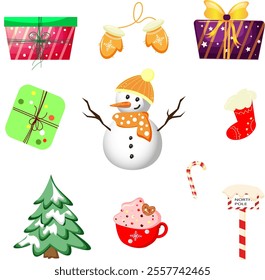 Christmas art.Festive holiday elements featuring Santa, a reindeer, and a Christmas tree in cheerful designs